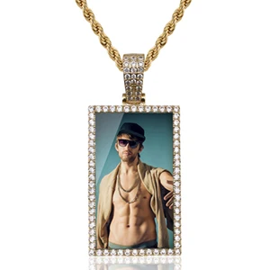 Rectangle Custom Made Photos Medallions Pendant Necklace With AAA Cubic Zircon Rope Cuban Tennis Chain Drop Shipping Gift Box - Metal Color: Gold