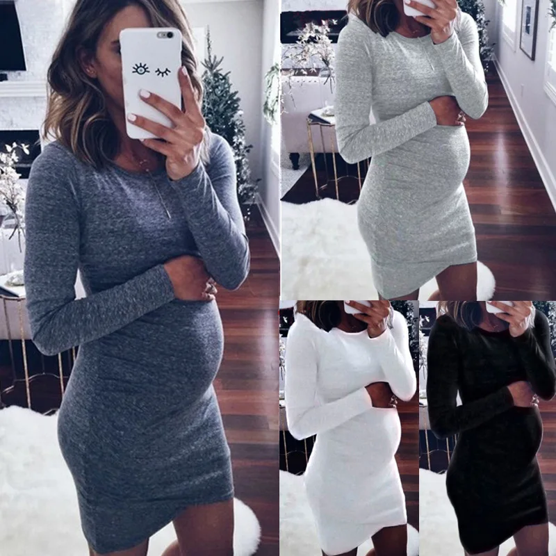 

Autumn and winter dresses European pure-colored round neck sleeve stitched long-sleeved fashion simple sexy pregnant woman dress