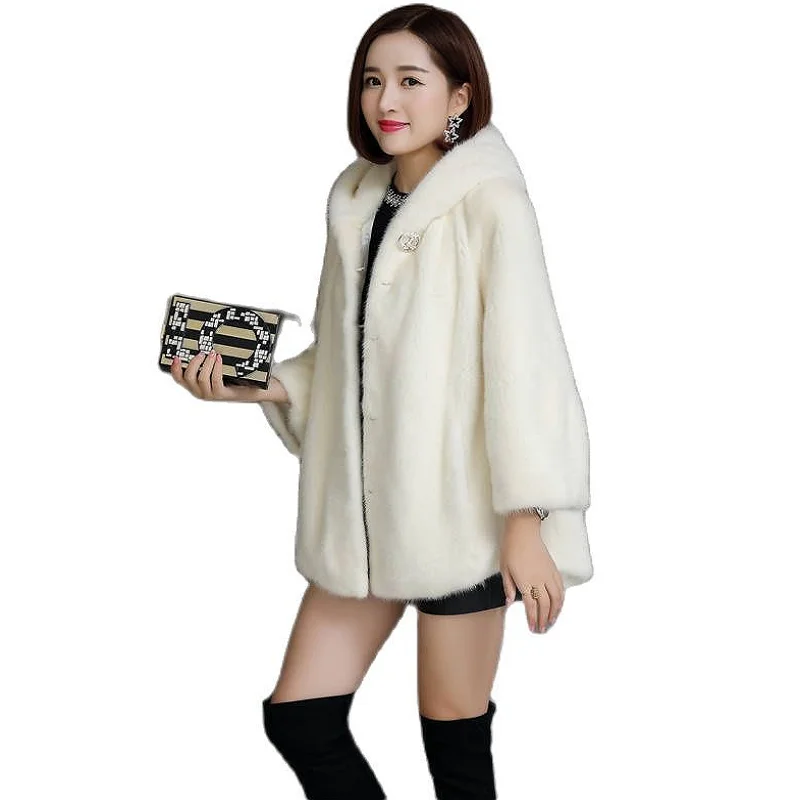 

AMZD1786 New Sweet Imitation Fur Long Overcoat Female Hooded Coat Three Quater Sleeve Imitation Mink Fur Coats Faux Fur Coat