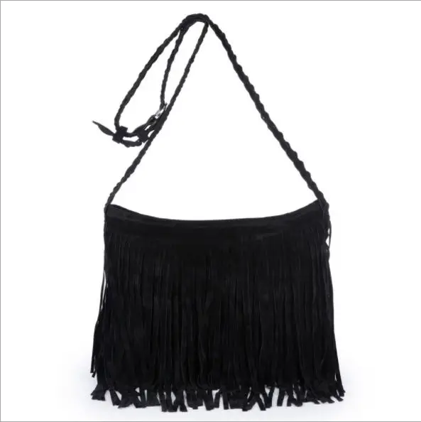 Модная однотонная женская трендовая сумка через плечо из искусственного меха с кисточками и замшевой бахромой, сумка-мессенджер на плечо, женская сумка - Цвет: Black