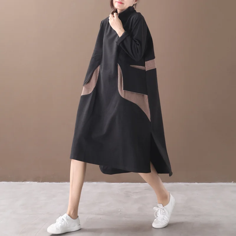 Новинка 2020 зимнее свободное удобное лоскутное платье с карманами и высоким