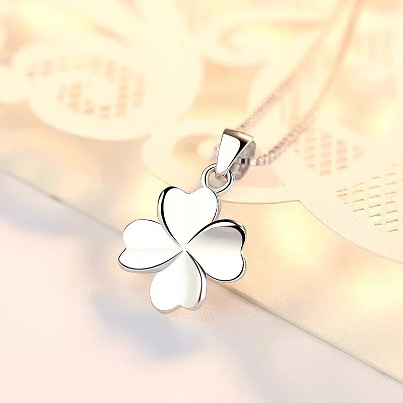 LYSFS Authentic Silver Four Leaf Clover Charm Necklace Ladies Silver Lucky Clover Jewelry