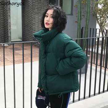

Short Style Parkas Women Thickening Keep Warm Drawstrings Single Breasted All-match Soft Loose Korean Womens Student Fashionable