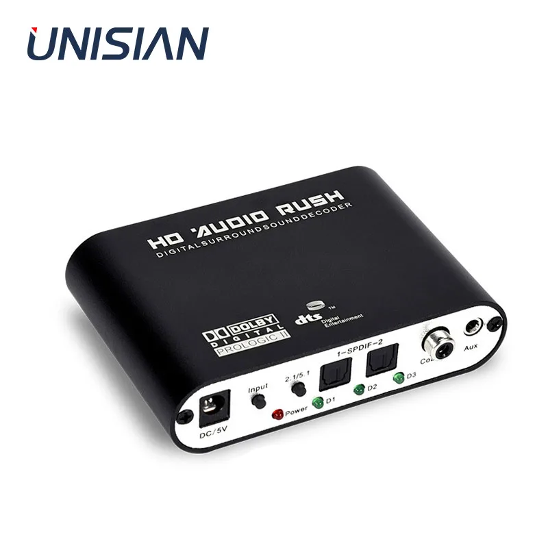 Unisian 5.1/2.1digital óptico fibe coaxial decodificador de áudio 24bit192khz spdif dts dolby AC-3 dac para estéreo amplificador de 5.1 canais
