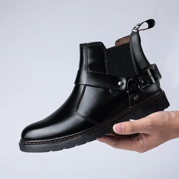 

England style men large size casual ankle boots black natural leather shoes outdoor handsome chelsea boot short botas sapatos