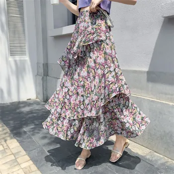 

2020 Boho Bohemian Floral Chiffon Skirt Summer Beach Maxi Skirts Womens Ruffle Midi-calf Skirt Casual jupe Femme Saia Mujer
