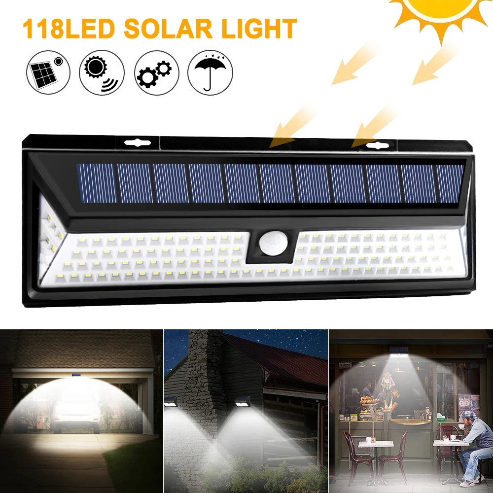118 светодиодный светильник на солнечной батарее с датчиком движения, Уличный настенный светильник с 3 режимами, IP65 Водонепроницаемый энергосберегающий безопасный садовый светильник s
