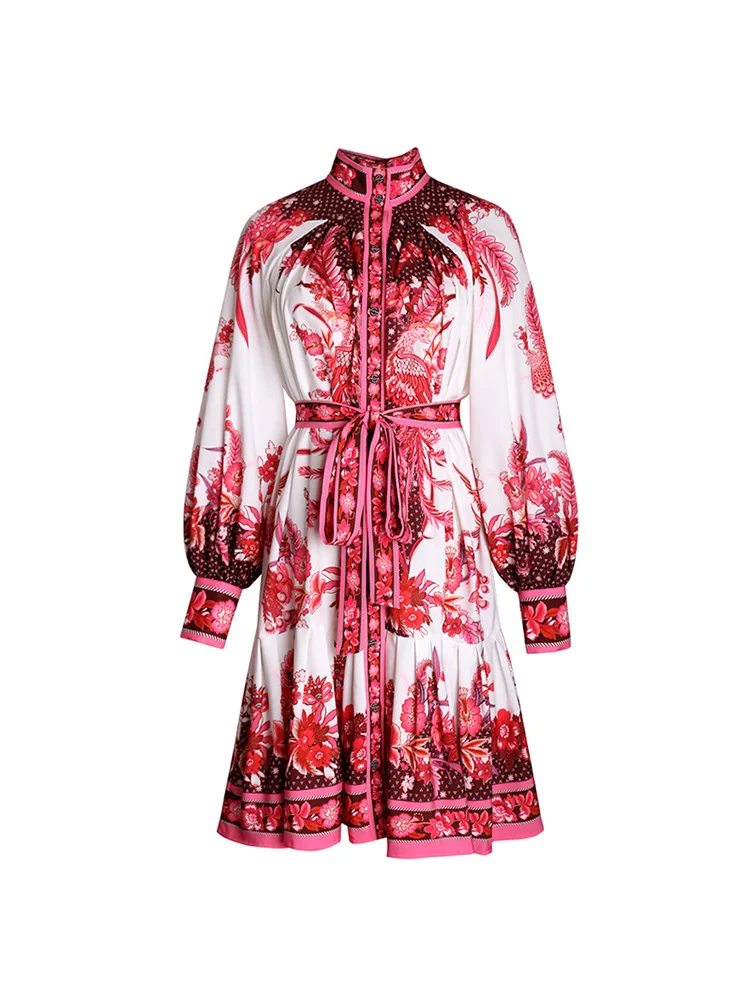 Svoryxiu модное подиумное осенне-зимнее короткое платье с рукавами-фонариками, женское однобортное платье с воротником-хомутом и цветочным принтом - Цвет: Многоцветный