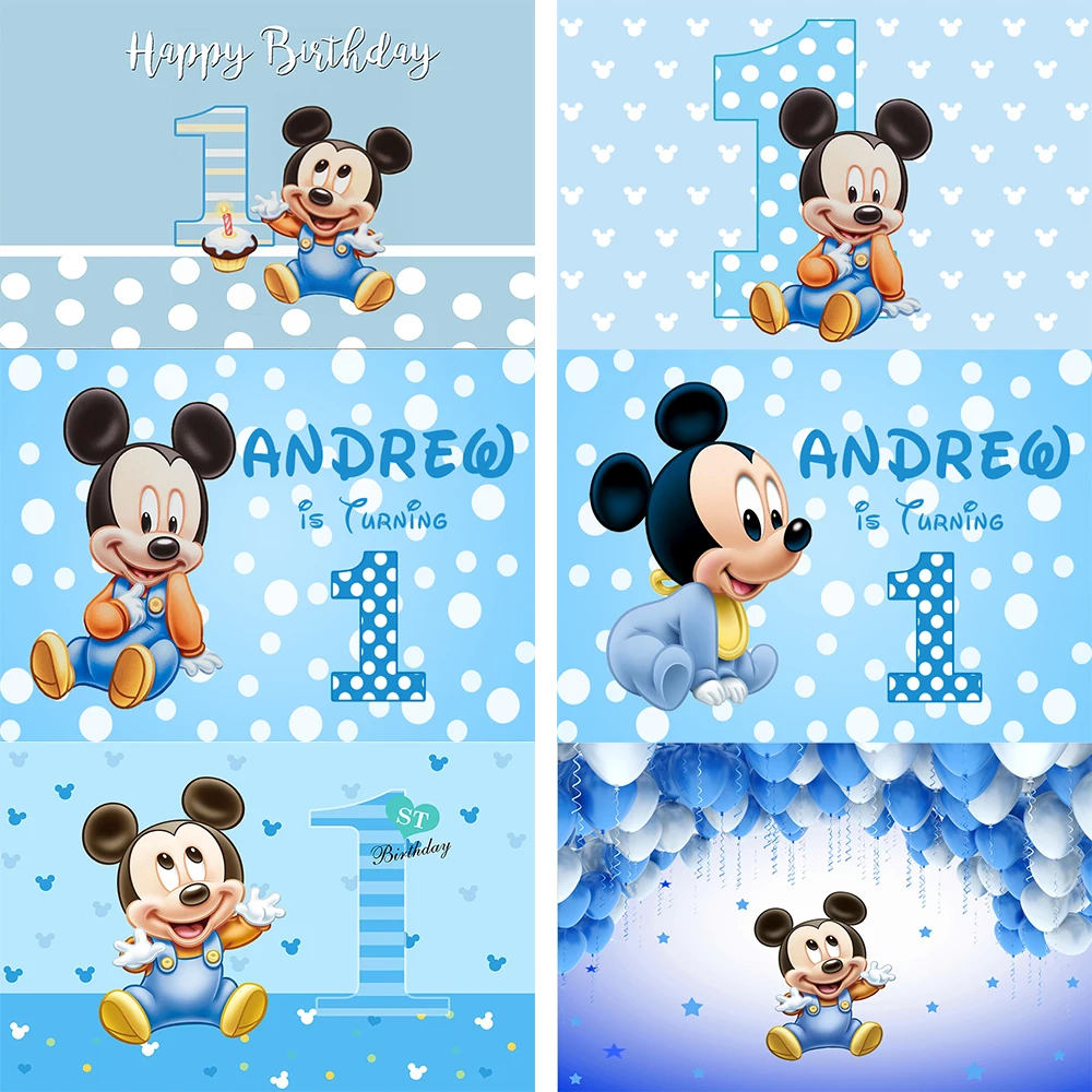 

Blue Mickey Mouse Birthday Background Poka Dots Cake Smash Smile Newborn For Birthday 1 Baby Boy Party Backdrop Cloth Fabric