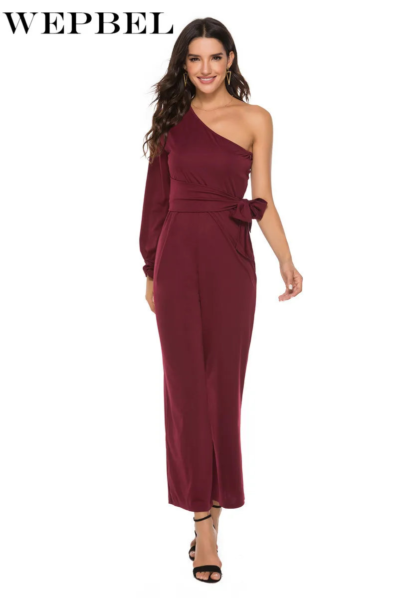 

WEPBEL Summer Fashion Long Sleeve High Waist Lace-up Wide Leg Jumpsuit Women's Casual Off-Shoulder Long Sleeve Bow Jumpsuit
