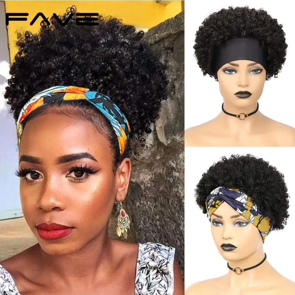 FAVE Headband Wig Afro Curly Scarf Wig Brazilian Remy Human Hair for African Women Turban Wrap-wig Afro Puff Half Hair Up-do Wig