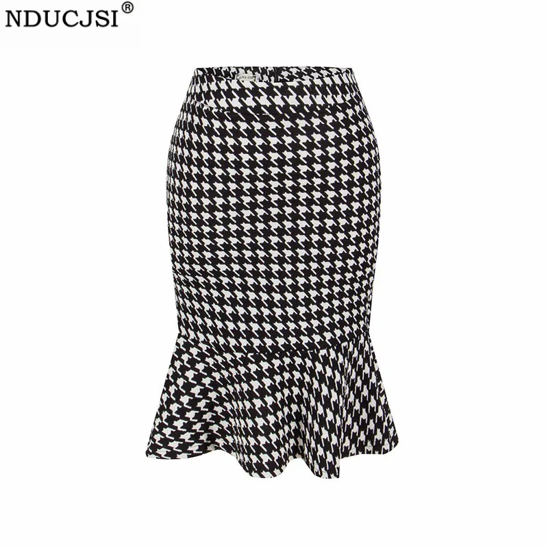 

NDUCJSI Women Clothing Mermaid Houndstooth Skirts with Ruffles Elegant Leopard Floral Plaid Printed Bodycon Skirts Knee Length
