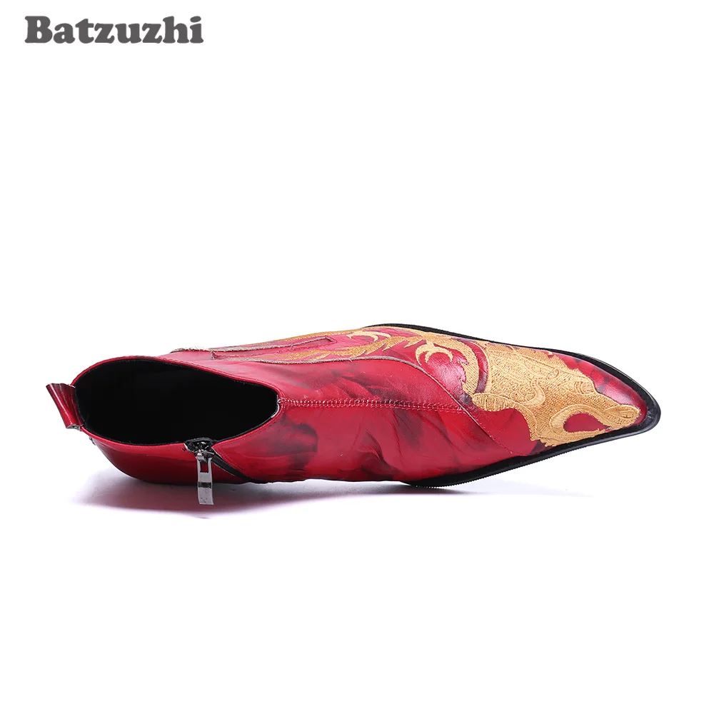 Batzuzhi 6.5cm Heels High Men Boots Shoes Fashion Handmade Leather Ankle Boots Men Red Party and Wedding Boots for Men Botas