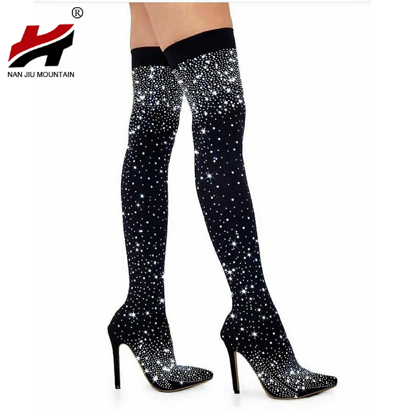 NAN JIU MOUNTAIN Women's Boots Autumn Over The Knee Boots Fashion Rhinestone Pointed High Heel Outdoor Women's Shoes