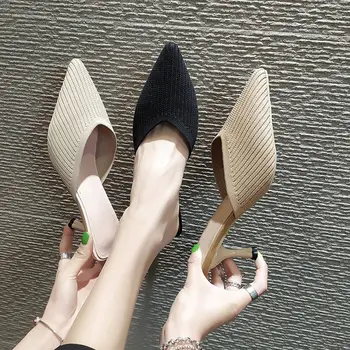 

Summer 2020 Woman Knitted Pointed Toe Sandals Women Fashion Thin High Heels Female Casual Sewing Platform Shoes Ladies Sexy