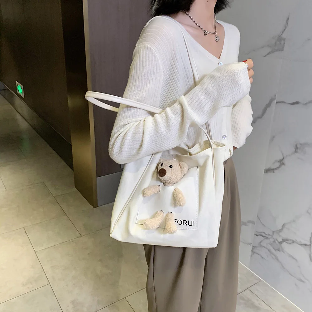 Sac à main en toile pour femmes, fourre-tout à la mode, décor de poupée d'ours, sac à bandoulière mignon, sac à poignée supérieure pour dames filles, Shopping quotidien