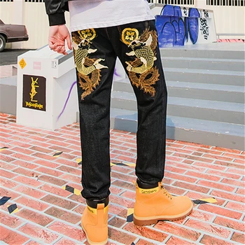 

Riinr 2020 New Men's Chinese Style Embroidered Jeans Casual Jeans Fashion Men's Straight Pants Male Personality Trousers 29-40