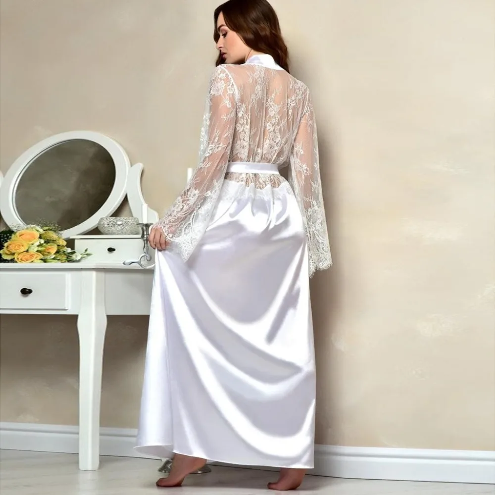 Сексуальные кружевные женские халаты, пижамы peignoir femme шелковые, атласные, с кружевами нижнее белье пижамы кимоно длинный халат подружки невесты Gow халат атласный
