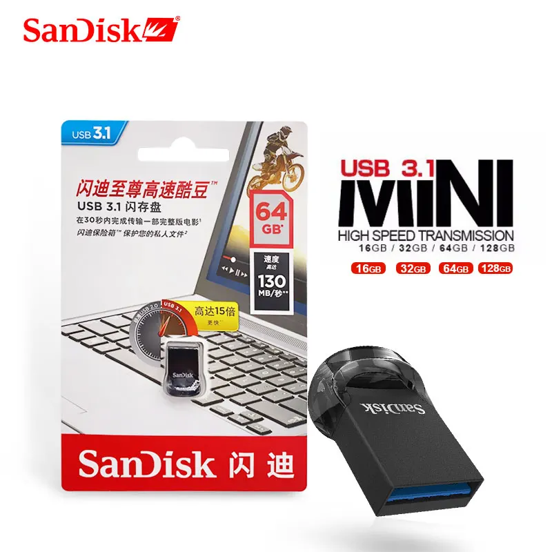 Двойной Флеш-накопитель SanDisk USB флэш-накопитель USB 3,1 CZ430 ультра супер мини флеш-накопитель 16 ГБ 32 ГБ 64 ГБ 128 Гб карта памяти до 130 МБ/с. высокое Скорость Pendrive