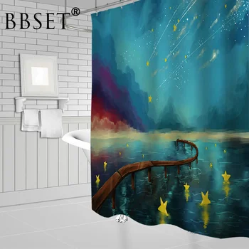 

Oil Painting Shower Curtain Cartoons Gold Stars Night View Pattern Waterproof Multi-size Douchegordijn Bathroom Decor