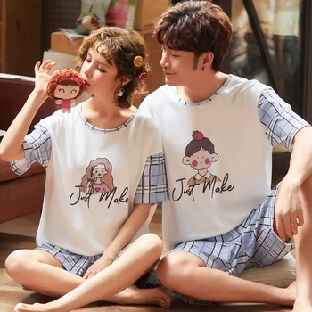 

Short Sleeve Cotton Couple Pajama Sets cartoon Womens Pajamas Set Lovers Casual Indoor Clothing Pyjamas men Summer soft homesuit