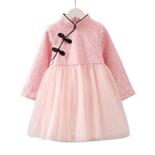 Платья для девочек Новая детская одежда год детское платье с длинным рукавом для девочек в китайском стиле Стиль однотонное платье-Ципао; весеннее кружевное платье принцессы D1