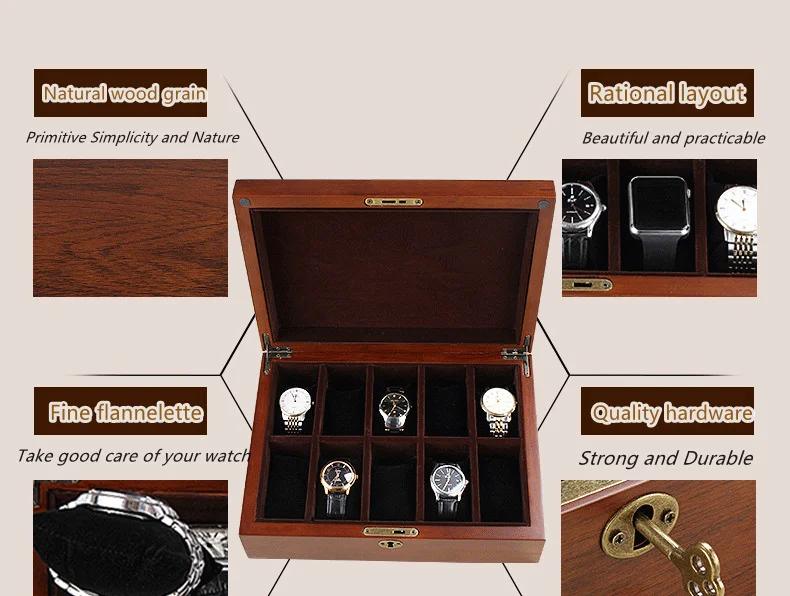 2022 10-Slots Solid Wooden Watch case 5 Seats Luxury Watch Organizer Box Wood Storage Box with Lock Jewelry Gift  Case for Man