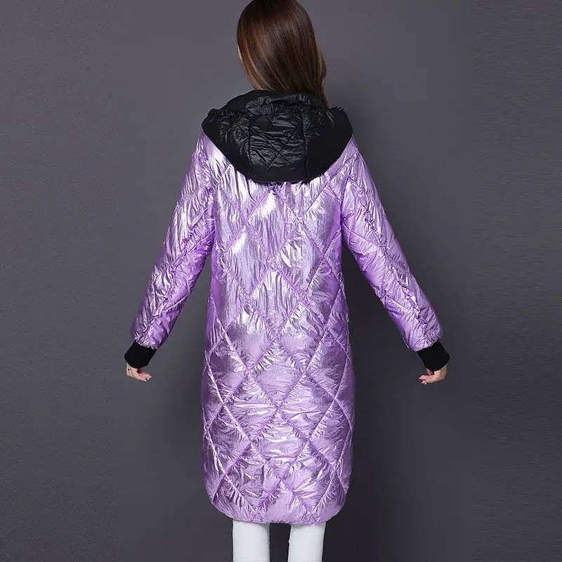 Koop Mode Metalen Gouden Zilveren Heldere Capuchon Jas vrouwen Winter Warm Katoen Gevoerde Lange Parka Nieuwe Bomber Streetwear Parka