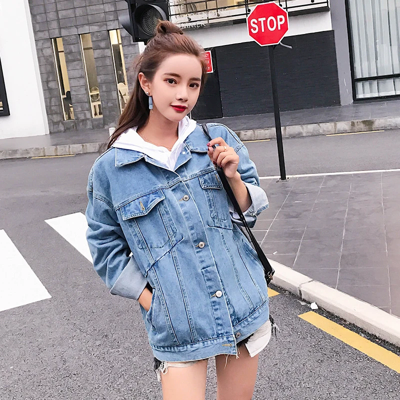 Liva girl Solid Turn-down Collar Denim Jacket for Women Loose Casual Blue Fashionable Women Coats Female outwear Denim Jakcet