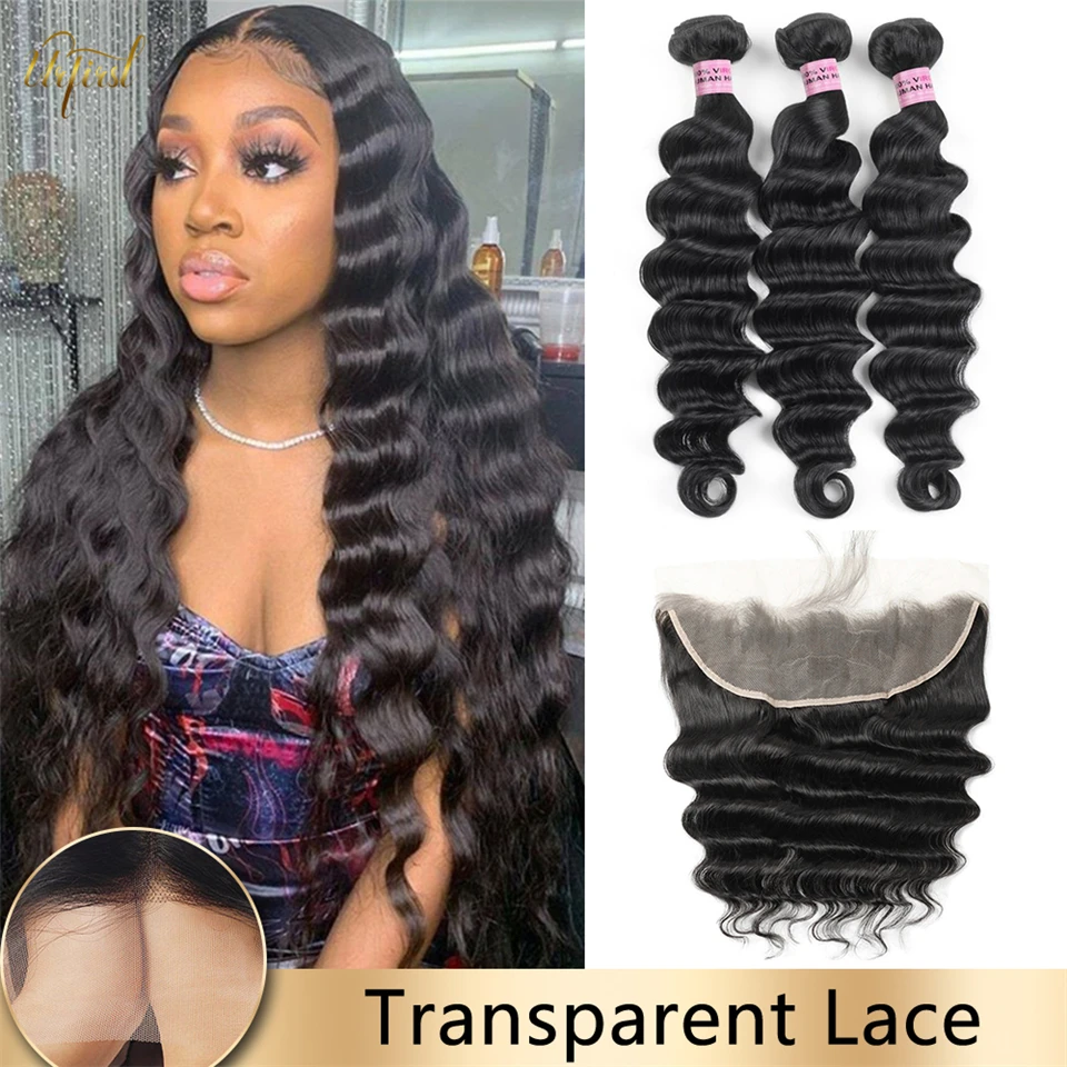 Transparent Lace Frontal With Hair Bundles Brazilian Loose Deep Wave Hair Bundle With Frontal Human Hair Bundles For Black Women