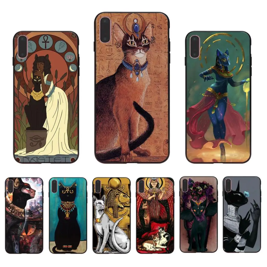 

Shell For iphone 7 8 X XR Coque XS 11 pro MAX phone case 6S 6 plus 5s se 5 cover Soft TPU Ancient egyptian style Cat art Funda