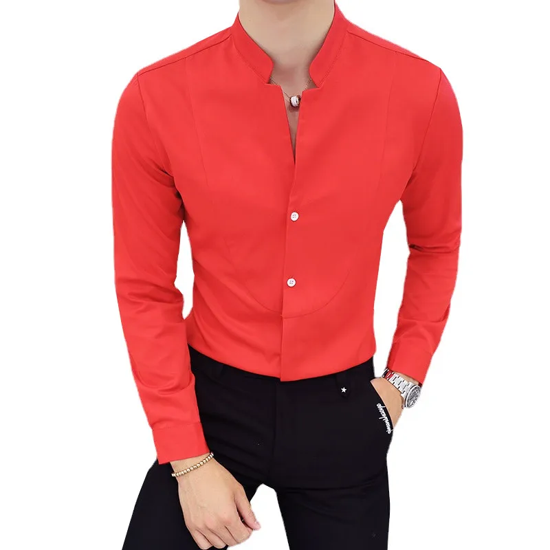 Men Business Shirts Black/White Fashion Elegant Stand Collar Long Sleeve Tops Wedding Party Dresses men casual shirts dress shirts