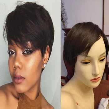 

Short Straight Hair Wig Synthetic Machine Wigs For Black Women Dark Brown Red Mix Color Machine Made Wig With bangs Free Ship