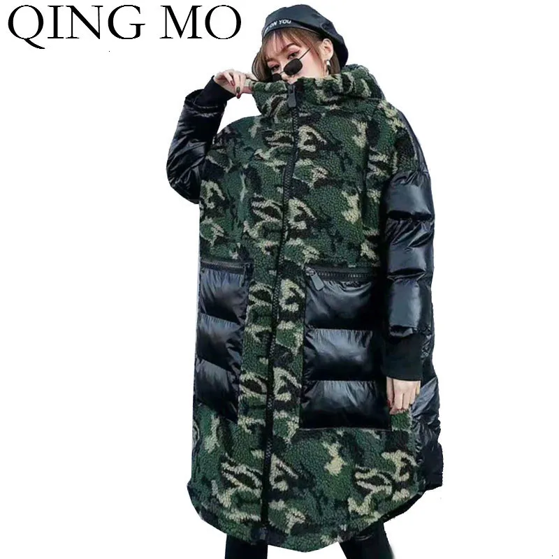 QING MO зеленые женские камуфляжные парки женские зимние толстые теплые парки с большими карманами Женское пальто с капюшоном шерстяная Верхняя одежда ZQY2416