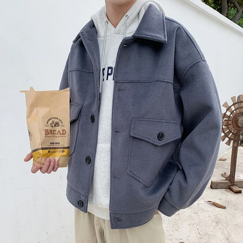 

Winter Woolen Coat Men's Warm Fashion Solid Color Casual Big Pocket Tooling Woolen Jacket Man Streetwear Wild Loose Woolen Coat