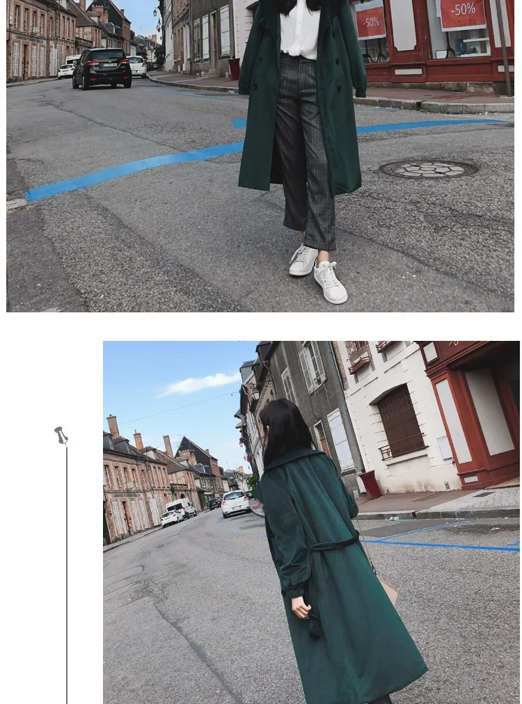 Для фотосессии, Южная Корея, Ulzzang, костюм, воротник, талия, обнимает, шнуровка, Тренч, пальто, женское, Ретро стиль, полосы, бархат, драпировка, выше колена C