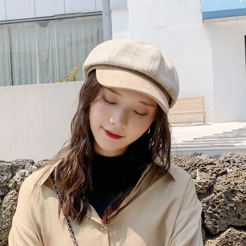 

Winter Hat Women's net red plaid Beret Korean version Japanese versatile soft girl retro British octagonal hat woman