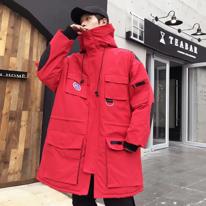 Размер США, красная длинная куртка в стиле хип-хоп, парки, Зимняя Мужская Уличная теплая куртка-карго, ветровка, верхняя одежда в стиле Харадзюку, DG289 - Цвет: red