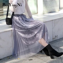 Beiyingni, винтажная юбка миди, для женщин, золото, бархат, мультфильм, вышивка, тюль, юбки для женщин, модная теплая плиссированная юбка, розовая, черная, Saia