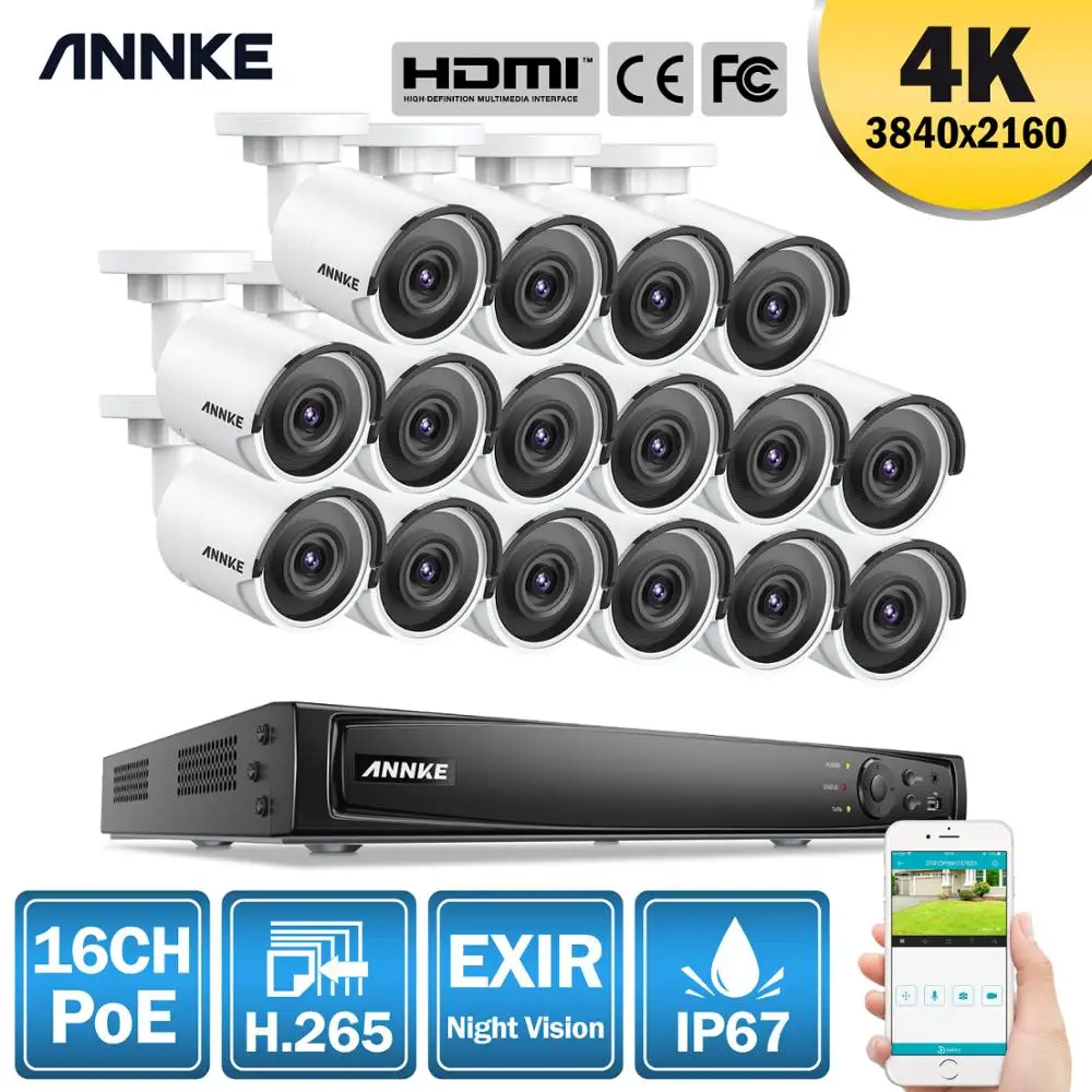 ANNKE 16CH 4K Ultra HD POE сетевая система видеонаблюдения 8MP H.265 NVR с 16X Всепогодная ip камера