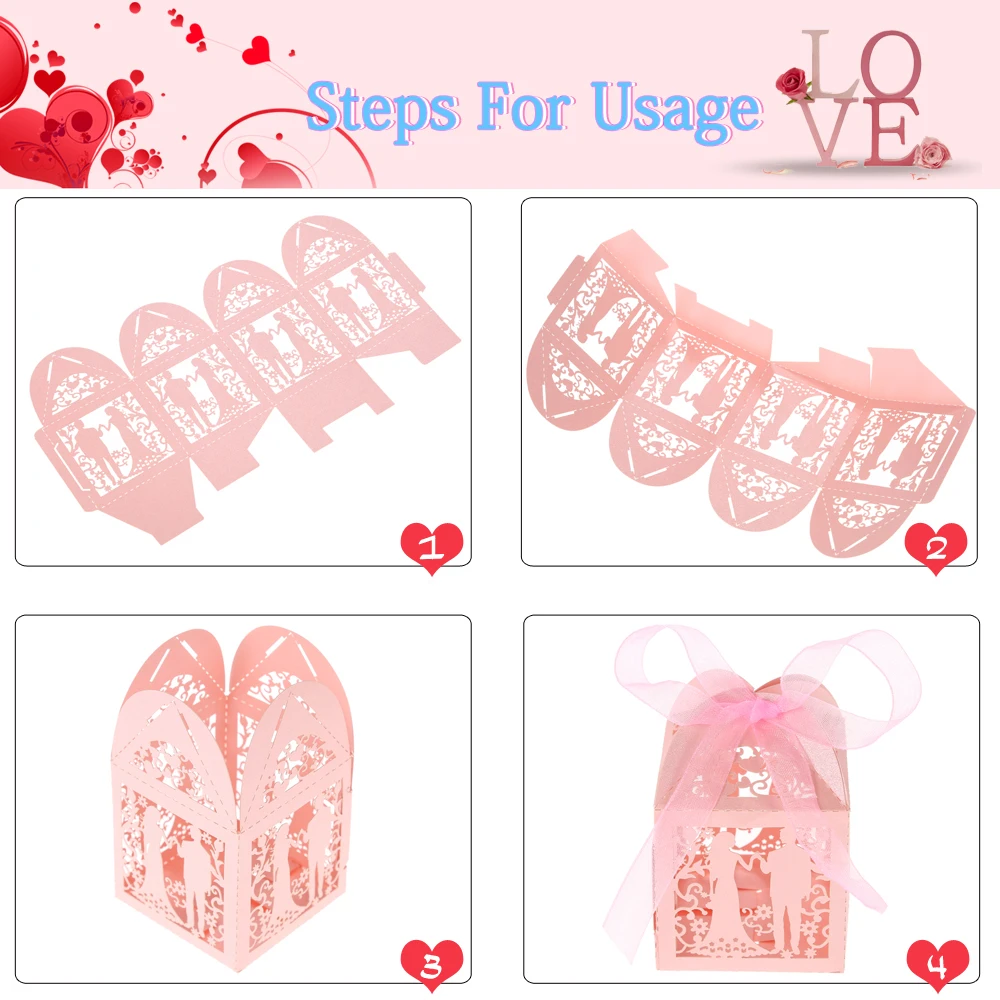 50pcs Delicate Mini DIY Candy Cookie Gift Boxes Carved Pattern with Ribbon Party Wedding Banquet Bridal Supplies