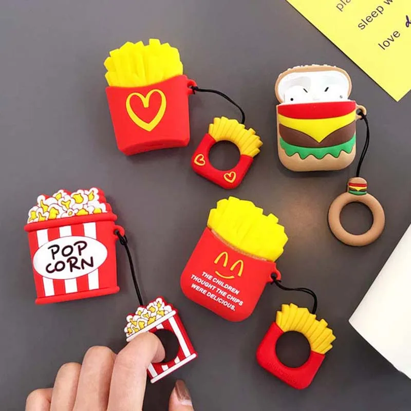 

Hamburger Cartoon Case For airpods 1 2 Wireless Bluetooh ear phone charge French fries airpod Ring Soft Silicone air pods Cover