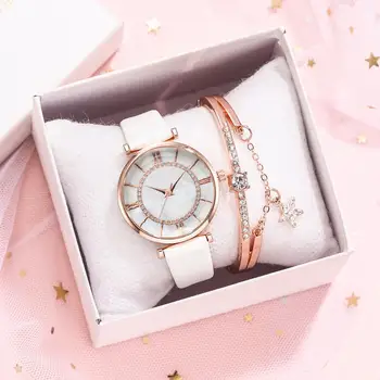 

Leather Fashion Female Watch Set Luxurious Women's Watches Roman Quartz Wristwatch New Rhinestone Gift relogio feminino montre