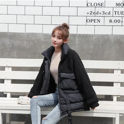 

Photo Shoot Hand Cotton of 2019 Winter Trend Korean-style Waist Hugging Stand Collar Joint Lambs Wool Fashion down Jacket Woman
