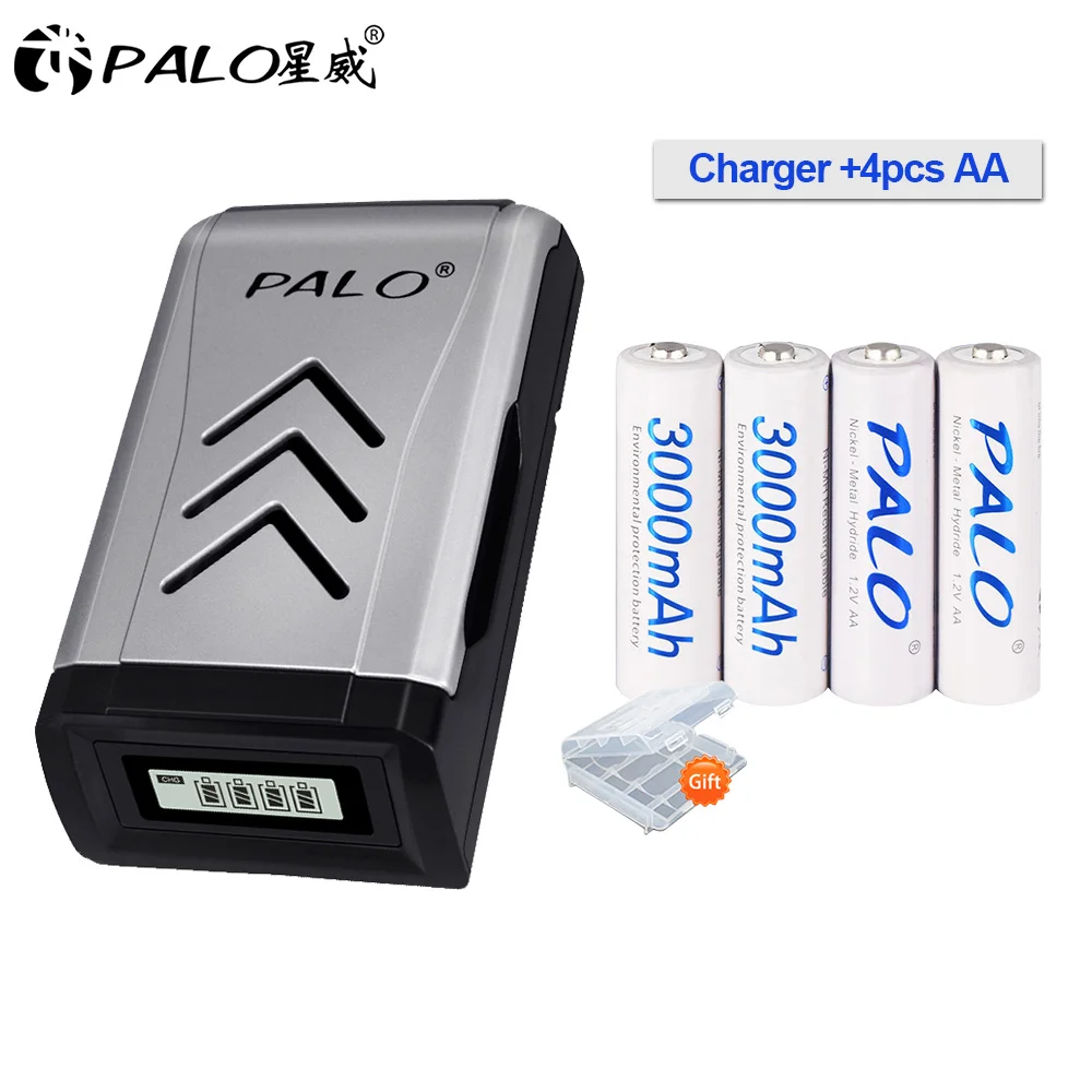 3000mAh AA AAA аккумуляторная батарея+ USB 4 слота ЖК-дисплей смарт-зарядное устройство для Ni-MH Ni-CD AA AAA 2A 3A - Цвет: 4pcs AA and charger