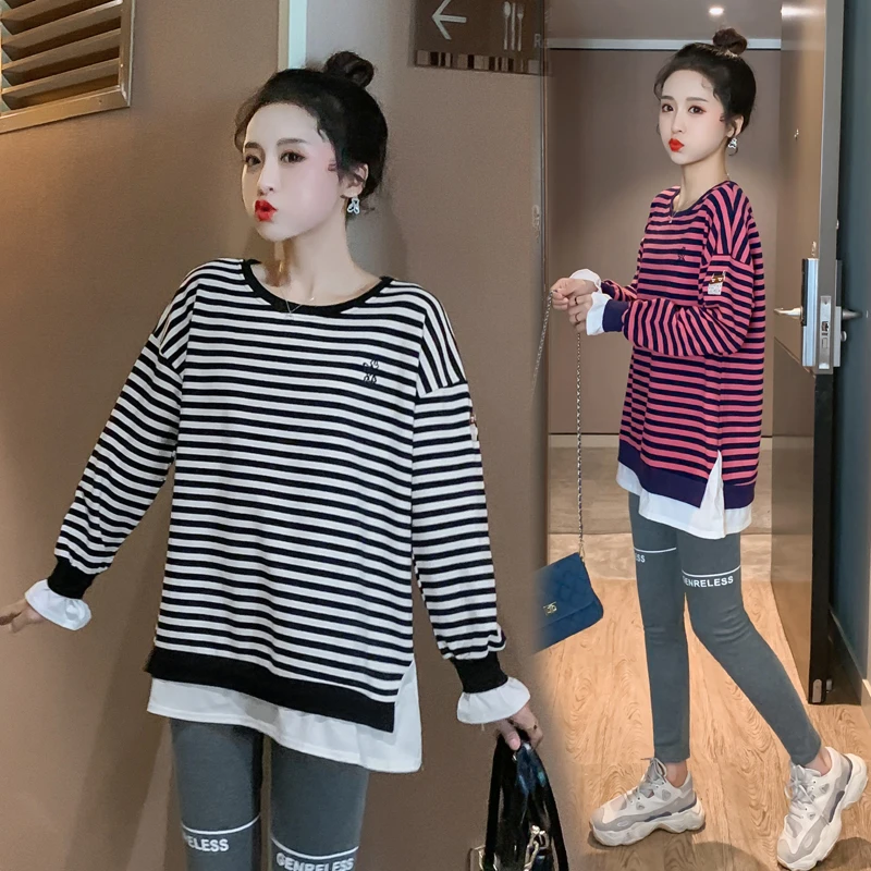 Maternity Autumn Clothes Embroidery Long Sleeve O-Neck Fleece Patchwork Striped Pregnant Women Sweatshirts Loose Cotton Hoodies