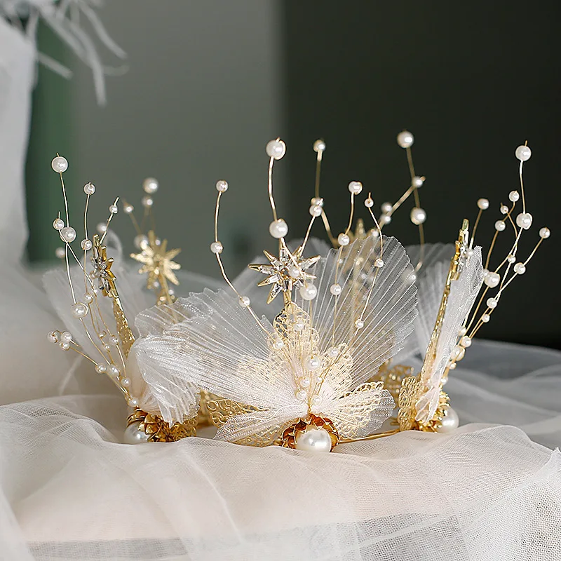 

2019 New Crown Baroque Pearl Tiara Star Round Crowns Wedding Hair Jewelry With Earrings Yarn Flower Hair Ornaments
