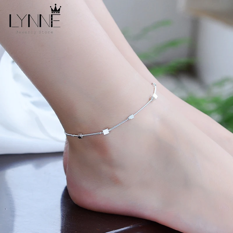 Hot Sale Beach Anklet 925 Sterling Silver Ladies Square Pendant Foot Chain Bracelet Women Fashion Anklets Pulseras Jewelry Gift