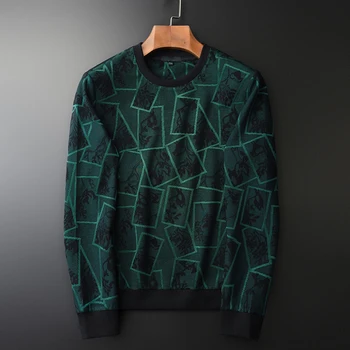 

NEW Green Round Collar Sweatshirt Male Luxury Geometric Yarn Dyed Jacquard Sweatshirt Men Plus Size 4xl Slim Fit Mens Hoodies