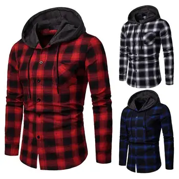 

Men's Business Spring and Autumn Plaid Casual Hooded Long Sleeve Shirt
